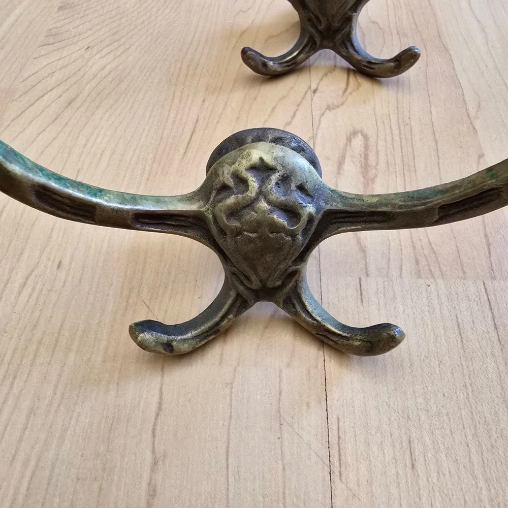 Vintage Cast Metal Wall Hooks Set of 2 Ornate 4-Prong Coat Hat Rack Aged Brass